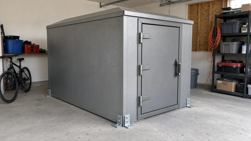 Above-ground steel storm shelter anchored to a garage floor