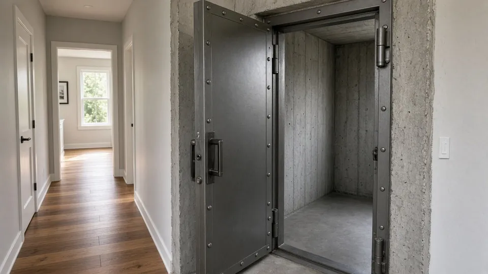 Interior tornado safe room with a heavy steel door inside a home